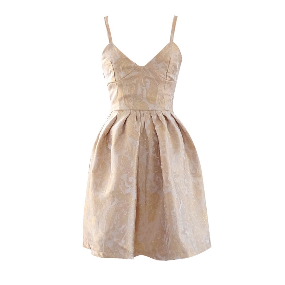 Pleated Full Skirt Gold Cocktail Dress